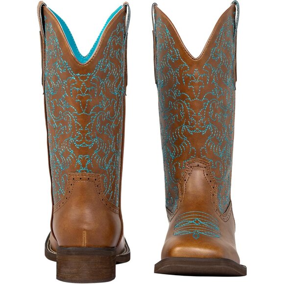 Tan Cowboy Boots For Women Wide Square Toe Mid Calf Ladies Western Cowgirl Boots - Picture 2 of 9